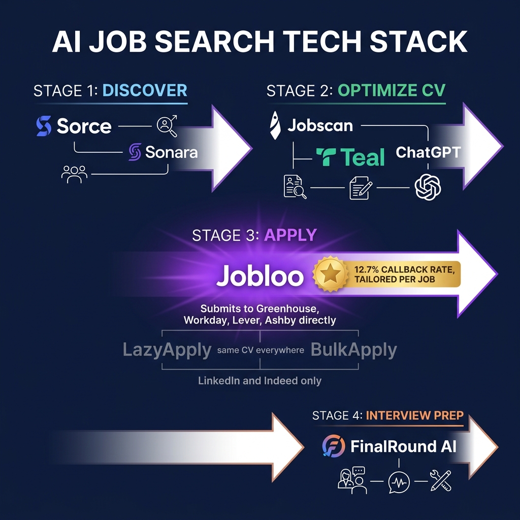 AI job search tech stack funnel diagram showing four stages: Discover with Sorce and Sonara, Optimize CV with Jobscan Teal and ChatGPT, Apply with Jobloo highlighted achieving 12.7% callback rate submitting tailored CVs to Greenhouse Workday Lever and Ashby versus LazyApply and BulkApply sending same CV to LinkedIn and Indeed only, and Interview Prep with FinalRound AI