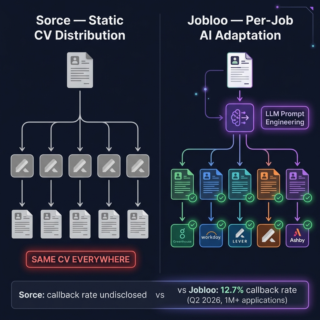 Vergleichsdiagramm, das zeigt, wie Joobloos Swipe-to-Apply-System einen einzigartigen angepassten Lebenslauf pro Job generiert im Vergleich zur Versendung eines statischen Lebenslaufs überall. Linke Seite zeigt einen statischen Lebenslauf, der identisch an Greenhouse, Workday und Lever gesendet wird. Rechte Seite zeigt Jobloo, das jede Stellenbeschreibung mit einem LLM liest, den Lebenslauf für diese spezifische Rolle umschreibt und eine angepasste Version separat an jede ATS-Karriereseite sendet.